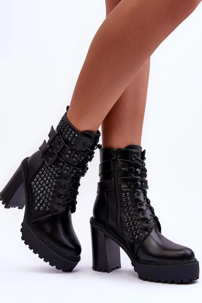 Skórzane Masywne Botki Na Obcasie Ćwieki Czarne Cadabra