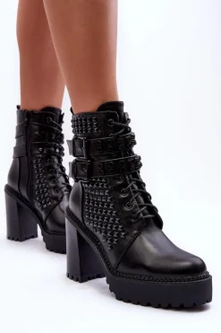 Skórzane Masywne Botki Na Obcasie Ćwieki Czarne Cadabra