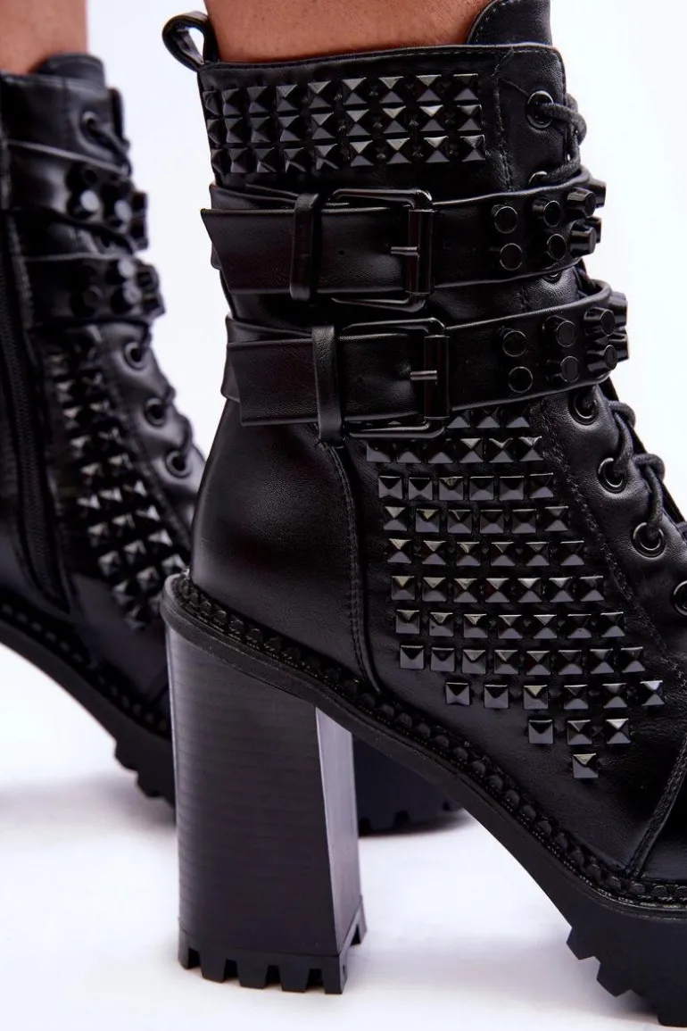 Skórzane Masywne Botki Na Obcasie Ćwieki Czarne Cadabra