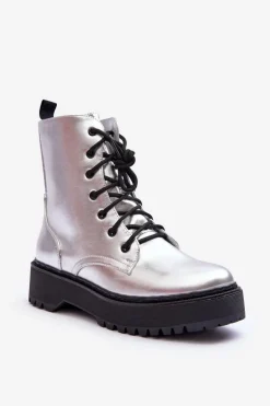 Skórzane Metaliczne Botki Workery Srebrne Teflorna