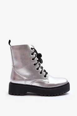Skórzane Metaliczne Botki Workery Srebrne Teflorna