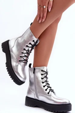 Skórzane Metaliczne Botki Workery Srebrne Teflorna