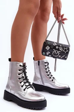 Skórzane Metaliczne Botki Workery Srebrne Teflorna