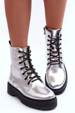 Skórzane Metaliczne Botki Workery Srebrne Teflorna