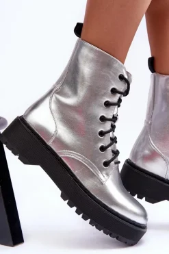 Skórzane Metaliczne Botki Workery Srebrne Teflorna