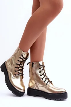 Skórzane Metaliczne Botki Workery Złote Teflorna