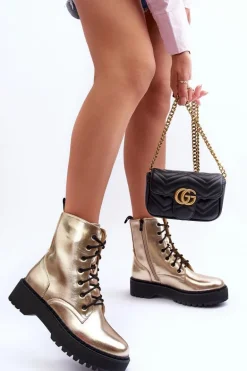 Skórzane Metaliczne Botki Workery Złote Teflorna