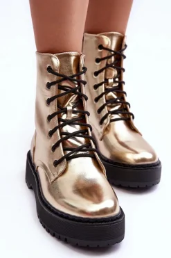 Skórzane Metaliczne Botki Workery Złote Teflorna