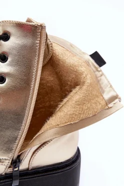 Skórzane Metaliczne Botki Workery Złote Teflorna