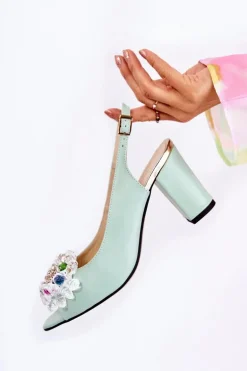 Skórzane Modne Czółenka Sandały Z Ozdobą Zielone Meriss