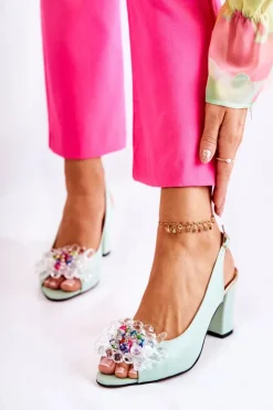 Skórzane Modne Czółenka Sandały Z Ozdobą Zielone Meriss