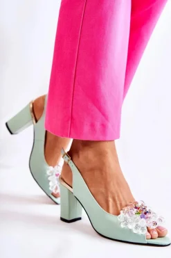 Skórzane Modne Czółenka Sandały Z Ozdobą Zielone Meriss