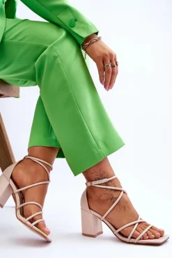 Skórzane Modne Damskie Sandały Na Obcasie Beżowe Primma