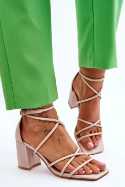 Skórzane Modne Damskie Sandały Na Obcasie Beżowe Primma