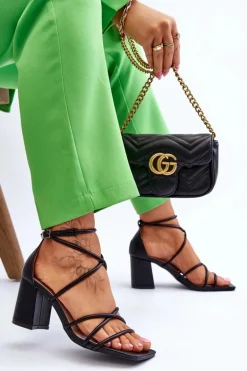 Skórzane Modne Damskie Sandały Na Obcasie Czarne Primma