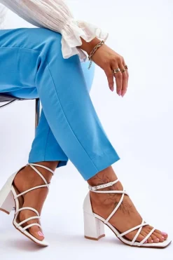 Skórzane Modne Damskie Sandały Na Obcasie Białe Primma