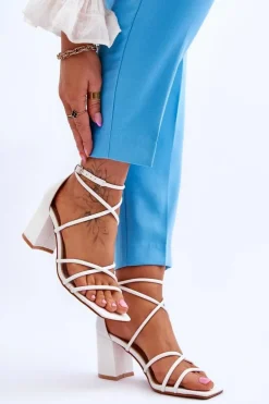 Skórzane Modne Damskie Sandały Na Obcasie Białe Primma