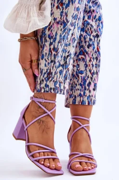 Skórzane Modne Damskie Sandały Na Obcasie Fioletowe Primma