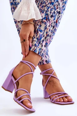 Skórzane Modne Damskie Sandały Na Obcasie Fioletowe Primma