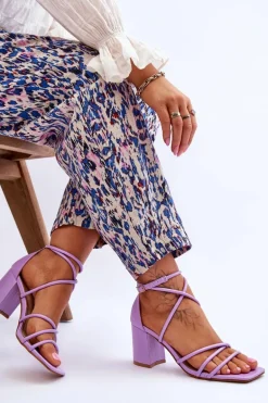 Skórzane Modne Damskie Sandały Na Obcasie Fioletowe Primma