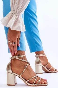 Skórzane Modne Damskie Sandały Na Obcasie Złote Primma