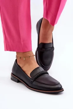 Skórzane Mokasyny Damskie Z Ozdobnym Paseczkiem Czarne Saosin