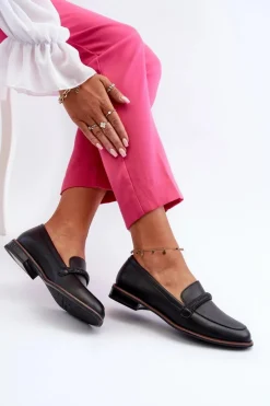 Skórzane Mokasyny Damskie Z Ozdobnym Paseczkiem Czarne Saosin