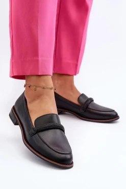 Skórzane Mokasyny Damskie Z Ozdobnym Paseczkiem Czarne Saosin