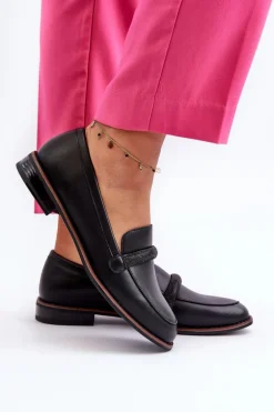 Skórzane Mokasyny Damskie Z Ozdobnym Paseczkiem Czarne Saosin