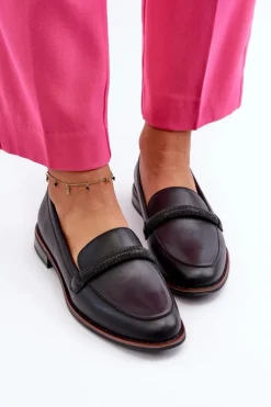 Skórzane Mokasyny Damskie Z Ozdobnym Paseczkiem Czarne Saosin