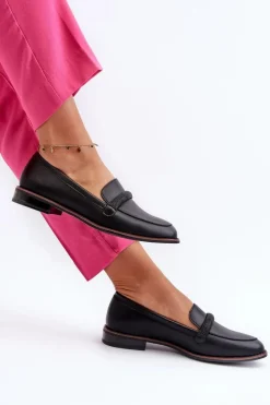 Skórzane Mokasyny Damskie Z Ozdobnym Paseczkiem Czarne Saosin