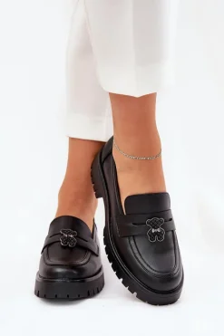 Skórzane Mokasyny Damskie Z Przypinką Miś Vinceza 18109 Czarne