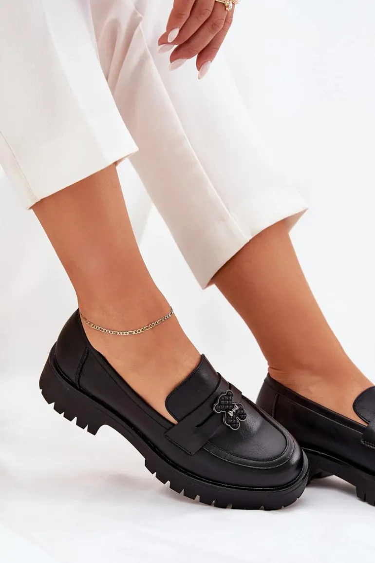 Skórzane Mokasyny Damskie Z Przypinką Miś Vinceza 18109 Czarne