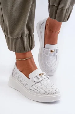 Skórzane Mokasyny Damskie Na Platformie Białe S.Barski LR720