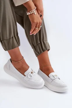 Skórzane Mokasyny Damskie Na Platformie Białe S.Barski LR720