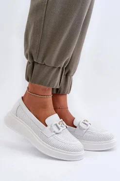 Skórzane Mokasyny Damskie Na Platformie Białe S.Barski LR720