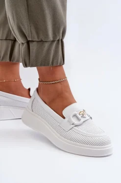 Skórzane Mokasyny Damskie Na Platformie Białe S.Barski LR720