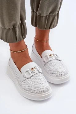 Skórzane Mokasyny Damskie Na Platformie Białe S.Barski LR720