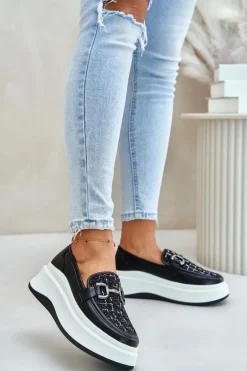 Skórzane Mokasyny Damskie Na Platformie Z Ozdobą Vinceza 89105 Czarne