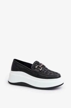 Skórzane Mokasyny Damskie Na Platformie Z Ozdobą Vinceza 89105 Czarne