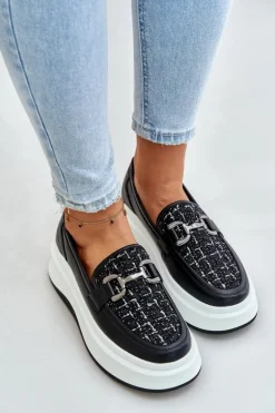 Skórzane Mokasyny Damskie Na Platformie Z Ozdobą Vinceza 89105 Czarne
