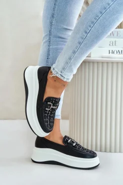 Skórzane Mokasyny Damskie Na Platformie Z Ozdobą Vinceza 89105 Czarne