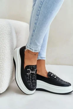 Skórzane Mokasyny Damskie Na Platformie Z Ozdobą Vinceza 89105 Czarne