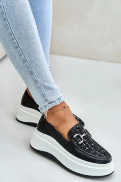 Skórzane Mokasyny Damskie Na Platformie Z Ozdobą Vinceza 89105 Czarne