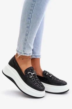 Skórzane Mokasyny Damskie Na Platformie Z Ozdobą Vinceza 89105 Czarne