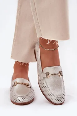 Skórzane Mokasyny Damskie Z Ozdobą Na Płaskim Obcasie S.Barski LR51-594 Srebrne