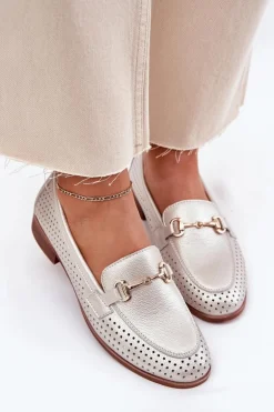 Skórzane Mokasyny Damskie Z Ozdobą Na Płaskim Obcasie S.Barski LR51-594 Srebrne