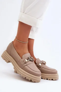 Skórzane Mokasyny Damskie Z Ozdobą Laura Messi 2780 Ciemnobeżowe