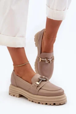 Skórzane Mokasyny Damskie Z Ozdobą Laura Messi 2780 Ciemnobeżowe