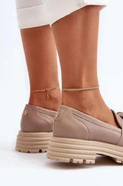 Skórzane Mokasyny Damskie Z Ozdobą Laura Messi 2780 Ciemnobeżowe